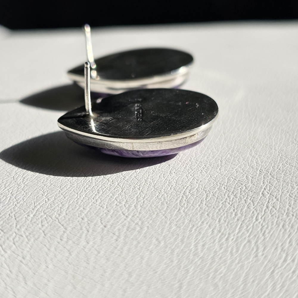 Vintage Sterling Silver Charoite Teardrop Stud Earrings - Picture 5 of 5
